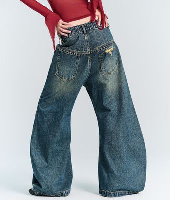 Στριτγουόερ μόδα Y2K στυλ Wide Straight Leg Fit Τζιν με διακόσμηση τρύπας