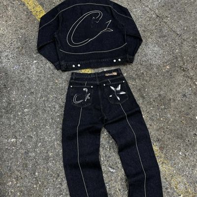 Ανδρικά υπερμεγέθη φόρεμα γυμναστικής Casual Custom Jacket Suit 2 κομμάτια σετ με ύφασμα τζίνιμ